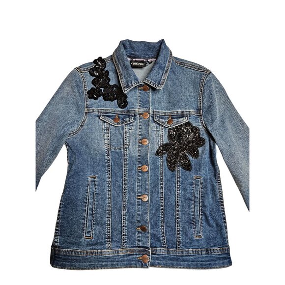 Nanette Lepore Womens XS Denim Button Jacket Black Sequin Floral Streetwear - Picture 6 of 11